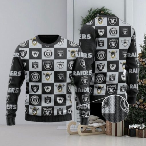 Raiders Logo Checkered Flannel Design Knitted Ugly Christmas Sweater