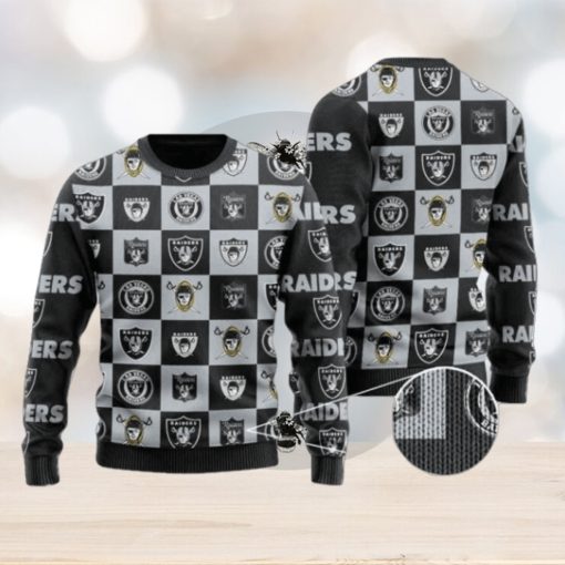 Raiders Logo Checkered Flannel Design Knitted Ugly Christmas Sweater