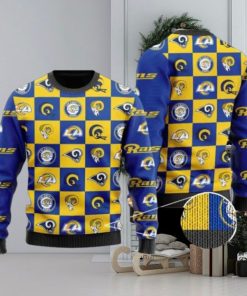 Rams Logo Checkered Flannel Design Knitted Ugly Christmas Sweater