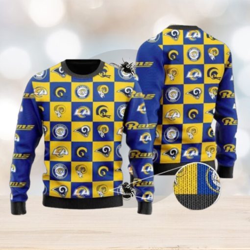 Rams Logo Checkered Flannel Design Knitted Ugly Christmas Sweater