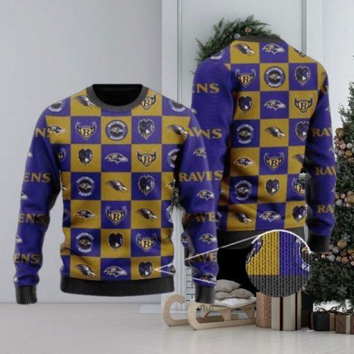 Ravens Logo Checkered Flannel Design Knitted Ugly Christmas Sweater