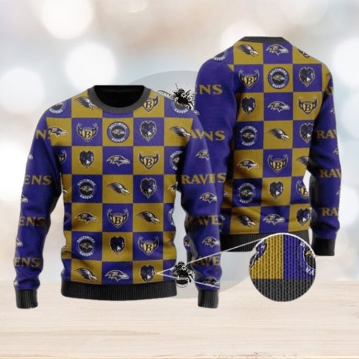 Ravens Logo Checkered Flannel Design Knitted Ugly Christmas Sweater