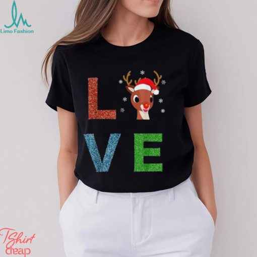 Rudolph Red Nosed Reindeer Glitter LOVE Kids Gift T Shirt