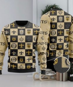 Saints Logo Checkered Flannel Design Knitted Ugly Christmas Sweater