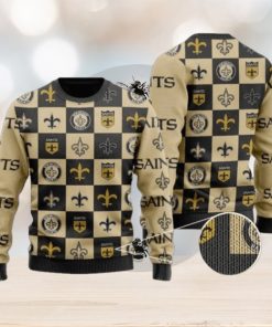 Saints Logo Checkered Flannel Design Knitted Ugly Christmas Sweater