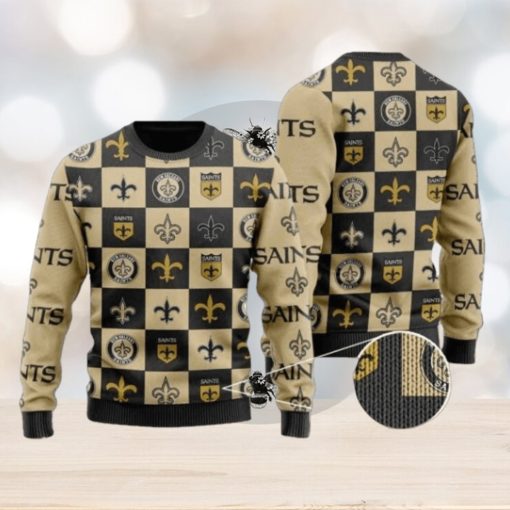 Saints Logo Checkered Flannel Design Knitted Ugly Christmas Sweater