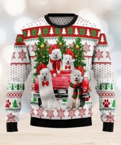 Samoyed Red Truck Ugly Christmas Sweater