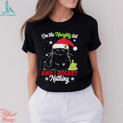 Santa Black Cat On the naughty list and I regret Nothing Christmas 2023 Shirt