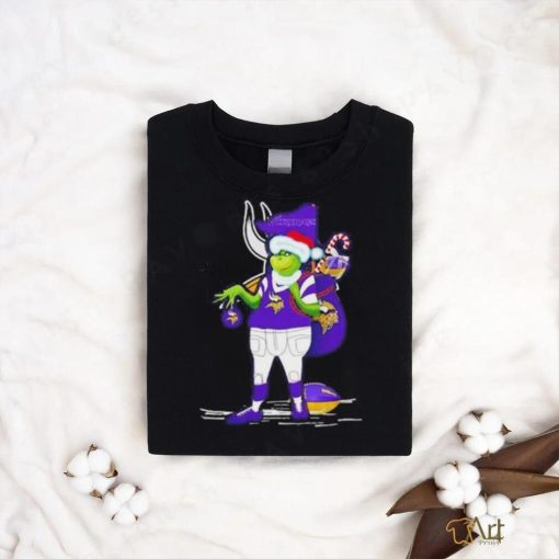 Santa Grinch Minnesota Vikings give gifts candy cane Browns Christmas shirt