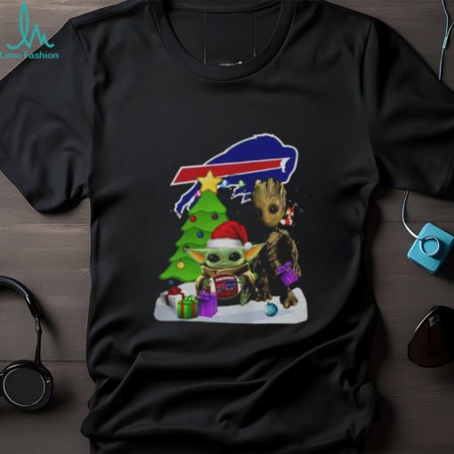 Santa Groot and Baby Yoda hug Buffalo Bills Snow Christmas Tree shirt