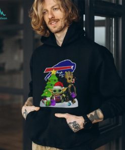 Santa Groot and Baby Yoda hug Buffalo Bills Snow Christmas Tree shirt