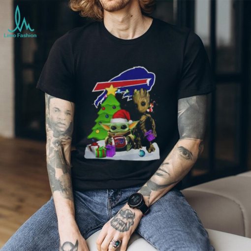 Santa Groot and Baby Yoda hug Buffalo Bills Snow Christmas Tree shirt