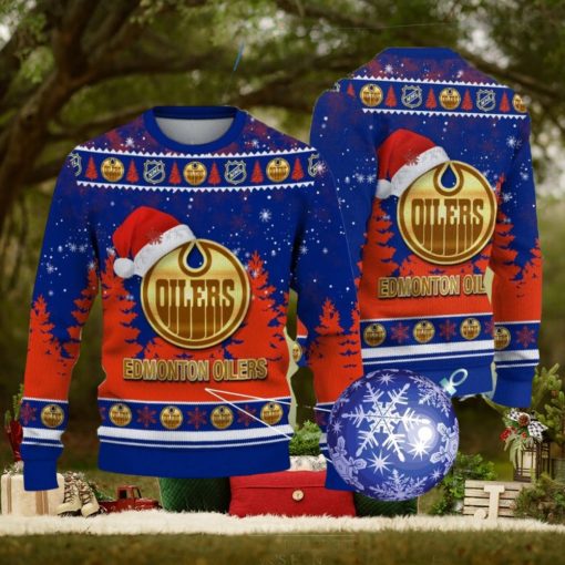 Santa Hat Logo Edmonton Oilers Golden Christmas Tree Ugly Sweater