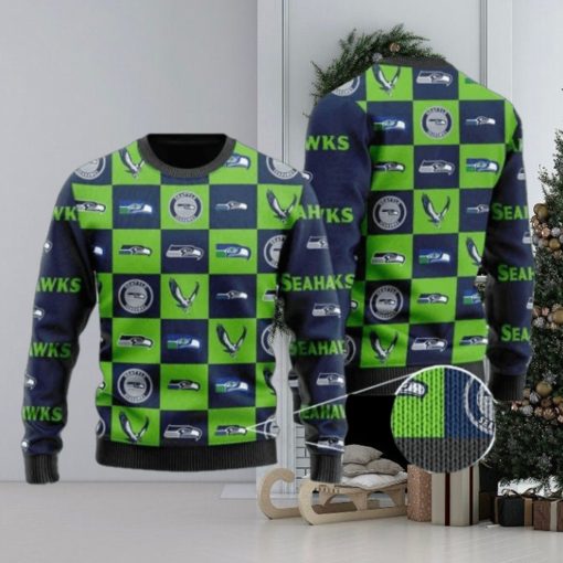 Seahawks Logo Checkered Flannel Design Knitted Ugly Christmas Sweater