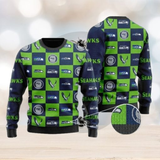 Seahawks Logo Checkered Flannel Design Knitted Ugly Christmas Sweater