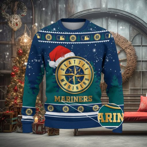 Seattle Mariners Logo Wearing Santa Hat Trending Christmas Gift AOP Ugly Christmas Sweater Men Women Winter Gift