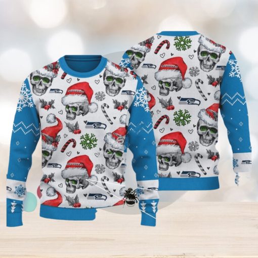 Seattle Seahawks Logo Skull Candy Cane Blue Ugly Xmas 3D Sweater