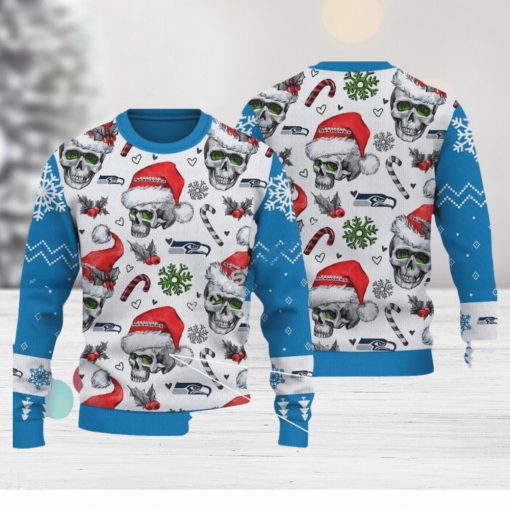 Seattle Seahawks Logo Skull Candy Cane Blue Ugly Xmas 3D Sweater