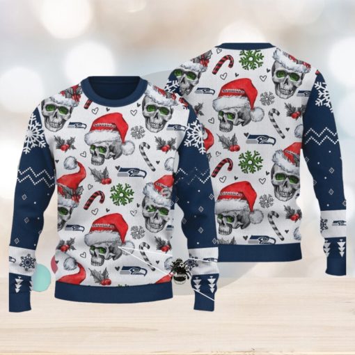 Seattle Seahawks Logo Skull Candy Cane Navy Knitted Christmas 3D Sweater