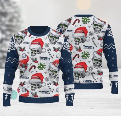 Seattle Seahawks Logo Skull Candy Cane Navy Knitted Christmas 3D Sweater