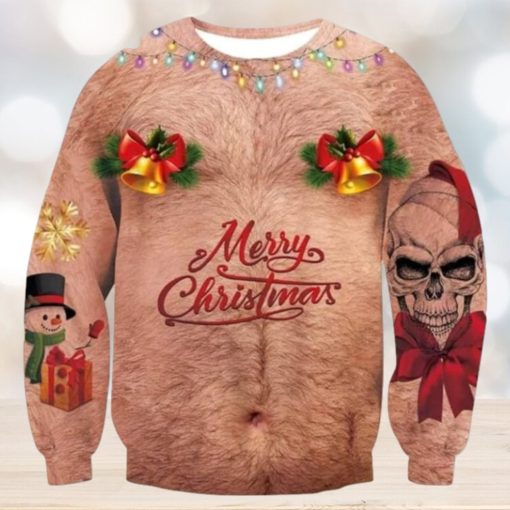 Skull Bell Hairy Chest Merry Christmas Ugly Sweater