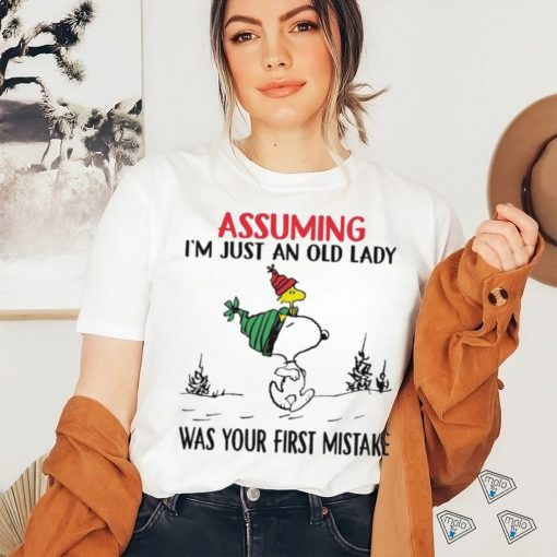 Snoopy and Woodstock hat santa assuming I’m just an old lady was your mistake christmas shirt
