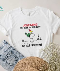 Snoopy and Woodstock hat santa assuming I’m just an old lady was your mistake christmas shirt