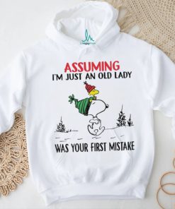 Snoopy and Woodstock hat santa assuming I’m just an old lady was your mistake christmas shirt