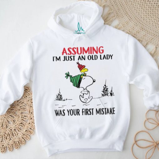 Snoopy and Woodstock hat santa assuming I’m just an old lady was your mistake christmas shirt