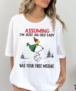 Snoopy and Woodstock hat santa assuming I’m just an old lady was your mistake christmas shirt