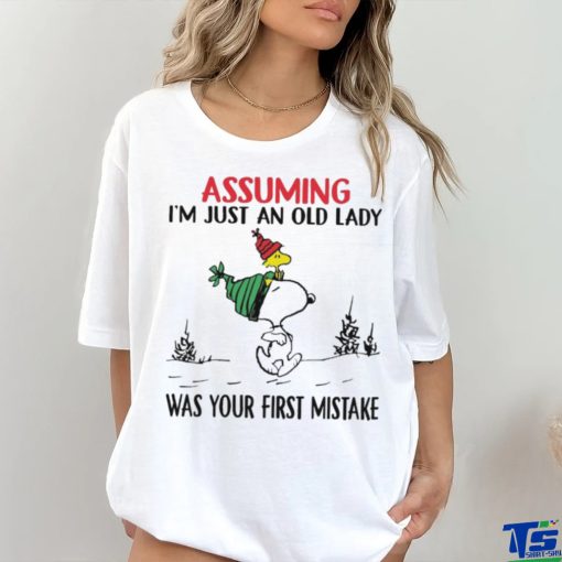 Snoopy and Woodstock hat santa assuming I’m just an old lady was your mistake christmas shirt