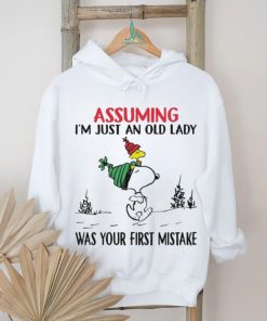 Snoopy and Woodstock hat santa assuming I’m just an old lady was your mistake christmas shirt