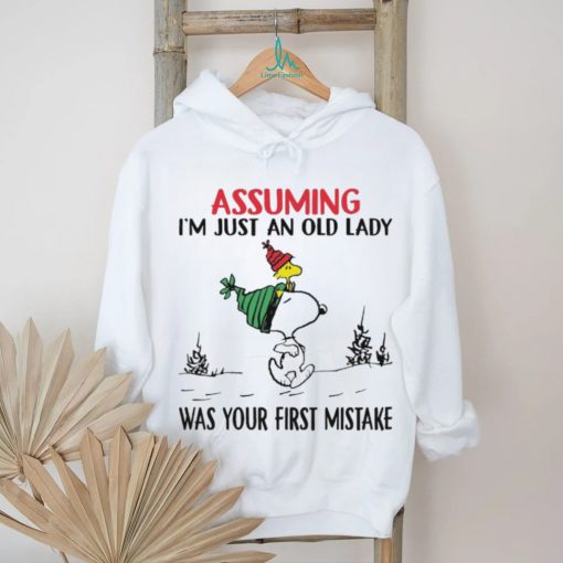 Snoopy and Woodstock hat santa assuming I’m just an old lady was your mistake christmas shirt