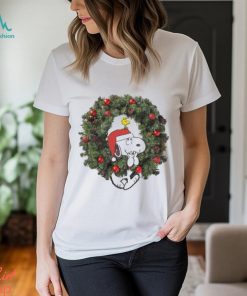 Snoopy santa and Woodstock pine wreath merry christmas shirt