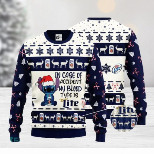 Stitch In Case Of Accident My Blood Type Is Miller Lite Ugly Christmas Sweater Gift For Christmas