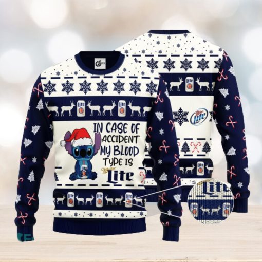 Stitch In Case Of Accident My Blood Type Is Miller Lite Ugly Christmas Sweater Gift For Christmas