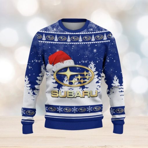 Subaru Logo Wearing Santa Hat Trending Christmas Gift AOP Ugly Christmas Sweater Men Women Winter Gift