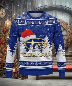 Subaru Logo Wearing Santa Hat Trending Christmas Gift AOP Ugly Christmas Sweater Men Women Winter Gift