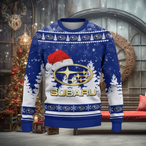 Subaru Logo Wearing Santa Hat Trending Christmas Gift AOP Ugly Christmas Sweater Men Women Winter Gift