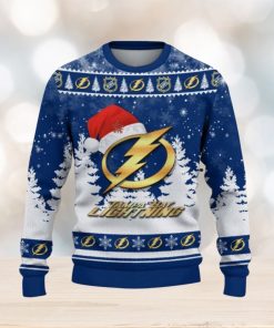 Tampa Bay Lightning Logo Wearing Santa Hat Trending Christmas Gift AOP Ugly Christmas Sweater Men Women Winter Gift