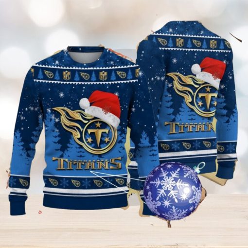 Tennessee Titans Logo Golden Fans Santa Hat Tree Ugly Christmas 3D Sweater