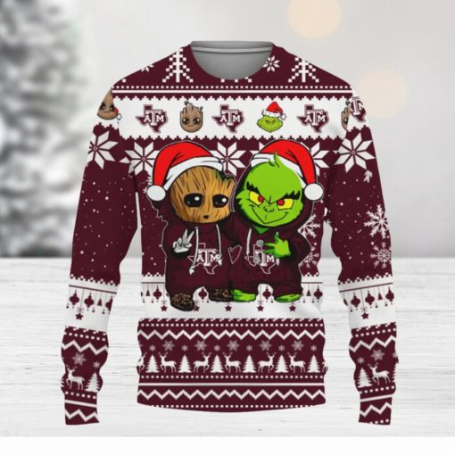 Texas AM Aggies Baby Groot And Grinch Best Friends Football American Knitted Christmas Sweater Gift Holidays