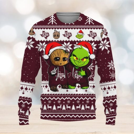 Texas AM Aggies Baby Groot And Grinch Best Friends Football American Knitted Christmas Sweater Gift Holidays