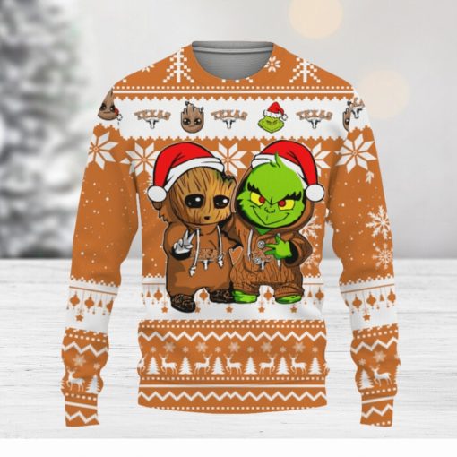 Texas Longhorns Baby Groot And Grinch Best Friends Football American Knitted Xmas 3D Sweater Gift Holidays