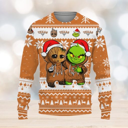 Texas Longhorns Baby Groot And Grinch Best Friends Football American Knitted Xmas 3D Sweater Gift Holidays