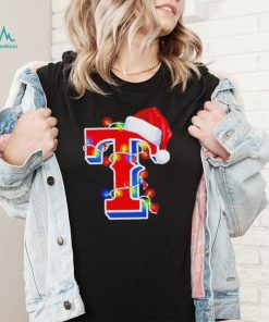 Texas Rangers big logo Santa hat Christmas lights shirt