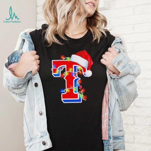 Texas Rangers big logo Santa hat Christmas lights shirt