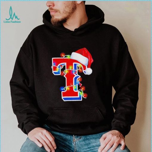 Texas Rangers big logo Santa hat Christmas lights shirt