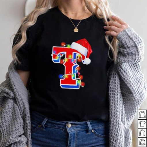 Texas Rangers big logo Santa hat Christmas lights shirt