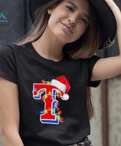 Texas Rangers big logo Santa hat Christmas lights shirt